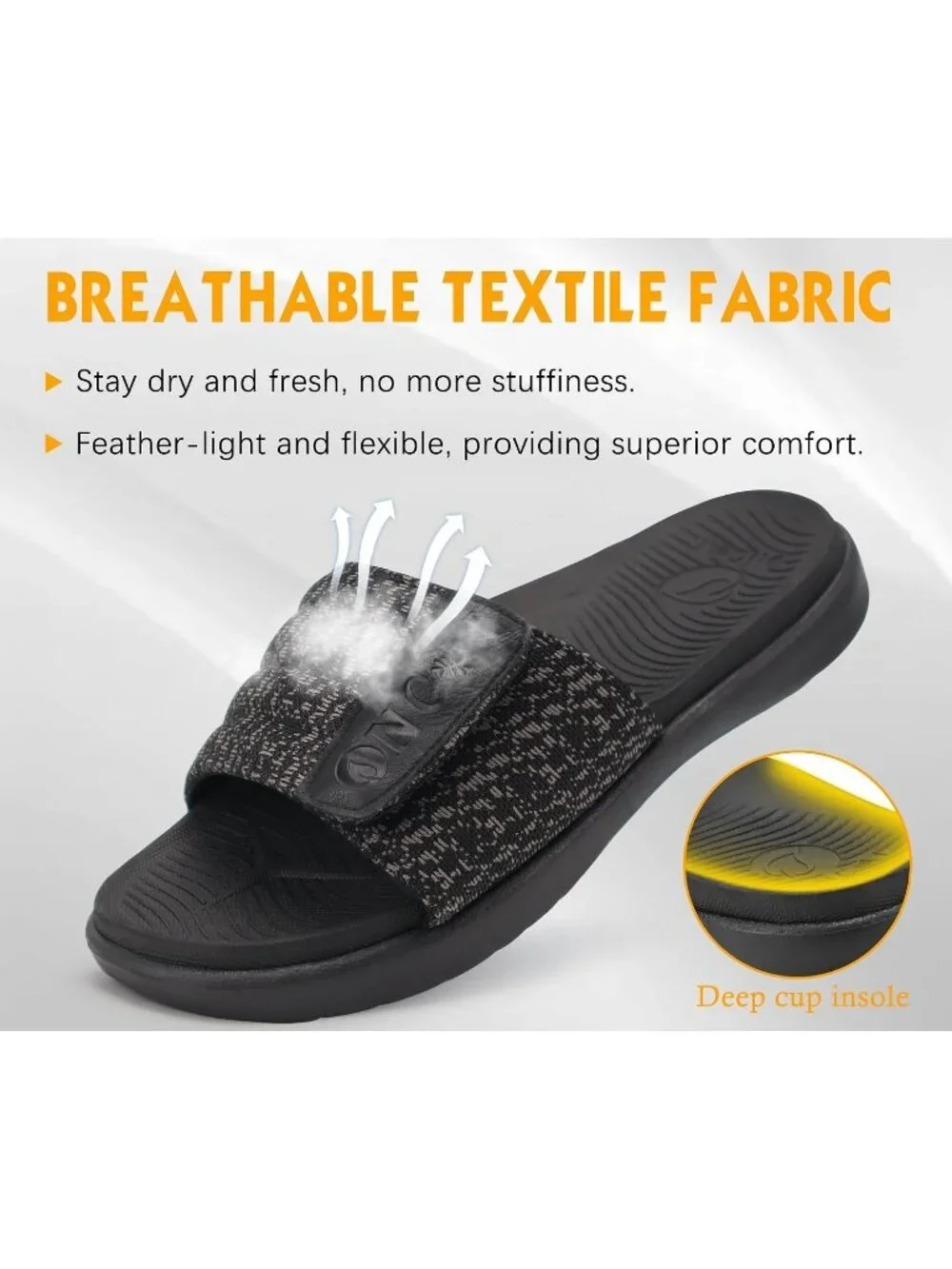 Men's Black Arch Support Sport Slides Open Toe Adjustable Orthotic Sandal Shoes